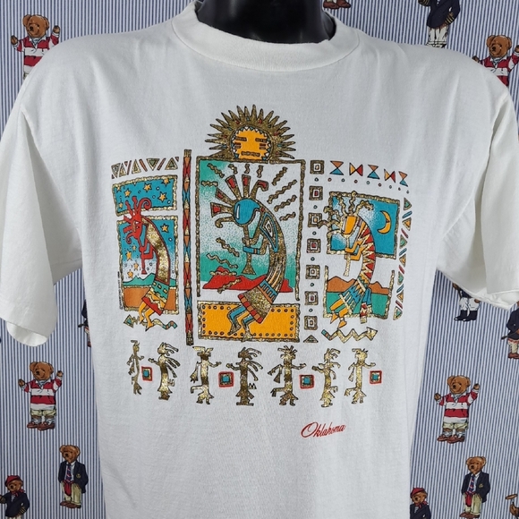 Vintage Oklahoma western Native American dancing art graphic LG white t-shirt - Picture 1 of 6